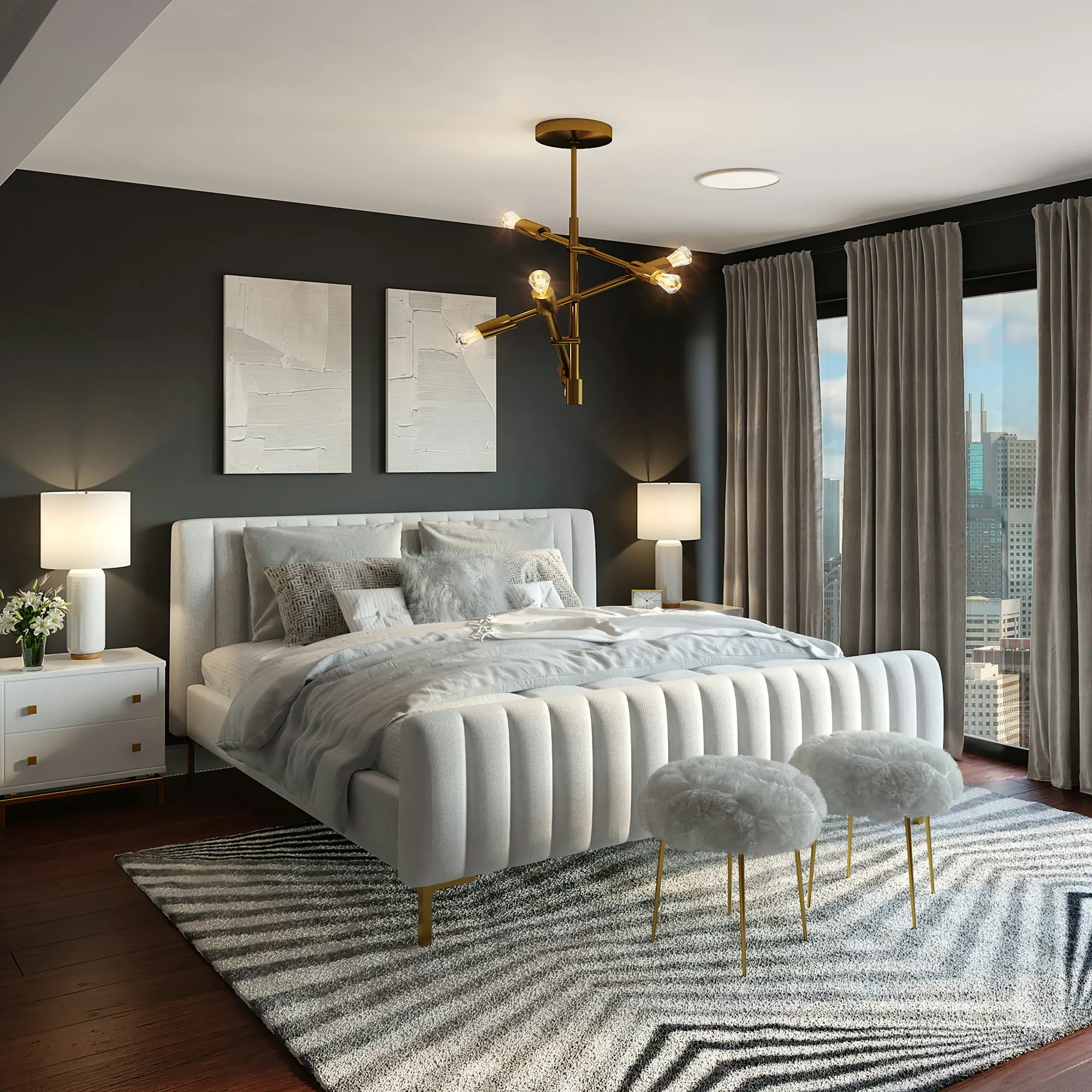 A bedroom with an upholstered bed, chandelier and city view