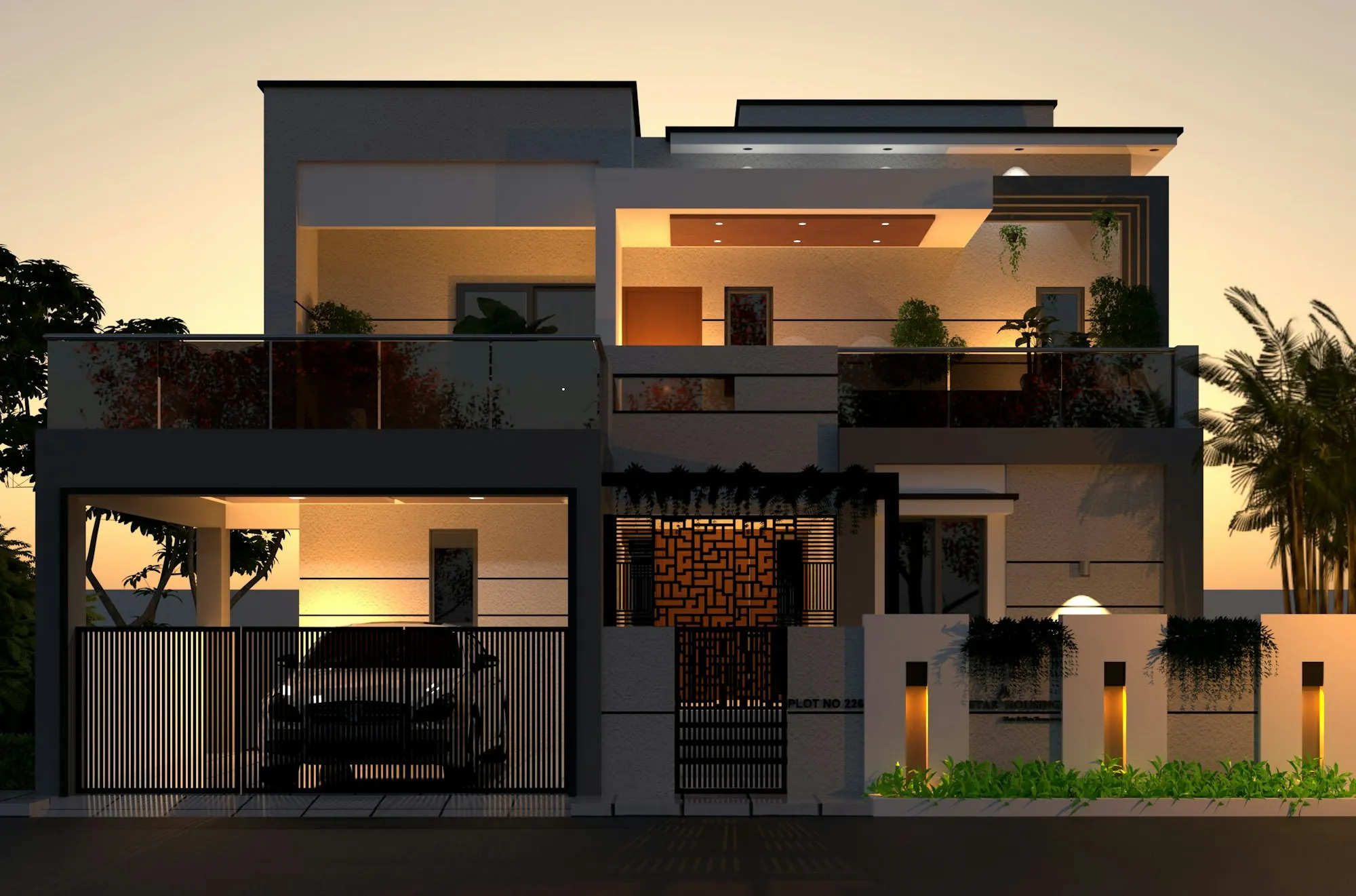 A contemporary two-storey home in India at dusk, lights on inside
