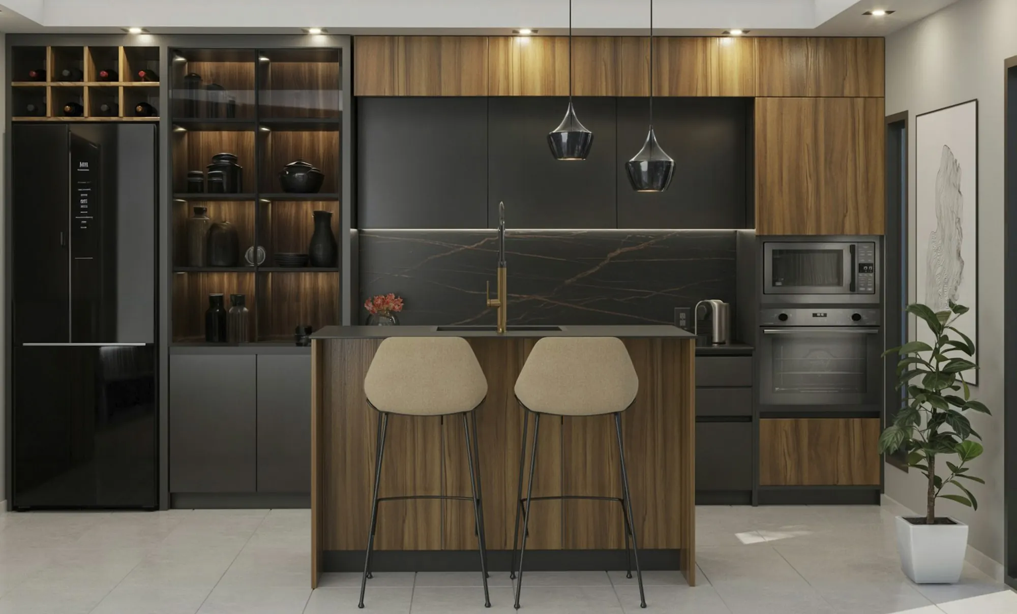 A modern kitchen in dark wood and black stone with an island and stools