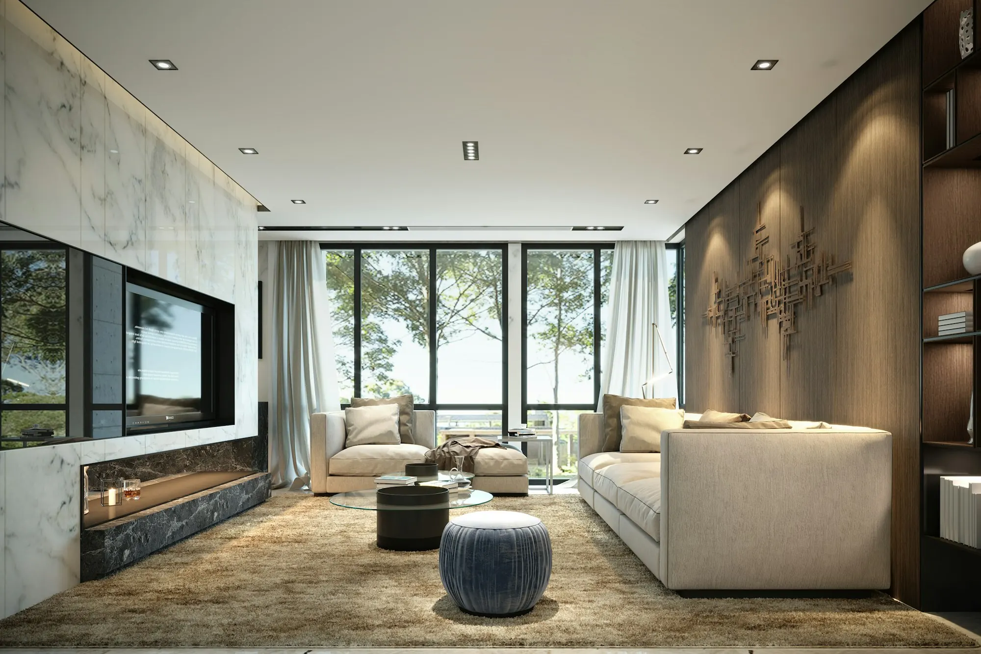 A modern living room with stone feature wall, sofa and tall windows